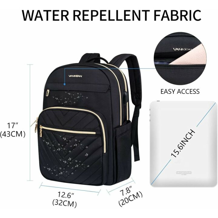 VANKEAN 15.6 Inch Laptop Backpack for Women Men Work Bag Fashion with USB Port, Waterproof Backpacks Nurse Stylish Travel Bags Casual Daypacks for College, Business, Black