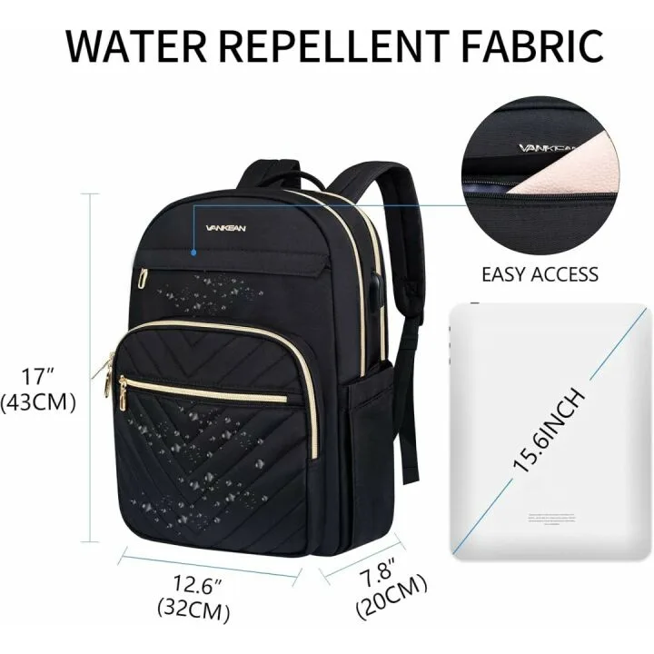 VANKEAN 15.6 Inch Laptop Backpack for Women Men Work Bag Fashion with USB Port, Waterproof Backpacks Nurse Stylish Travel Bags Casual Daypacks for College, Business, Black