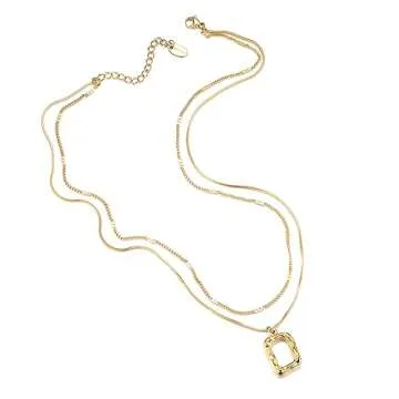 Evabelle Gold Layered Necklace for Women Trendy Jewelry 14K Real Gold Plated Chunky Chain Stackable Necklaces Dainty Choker Necklaces Rectangle Square Necklace (Gold Square)