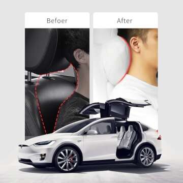 Powlamks Seat Headrest Pillow TES la Neck Pillow Designed for TES la Model Y/3 Neck Support Cushion Genuine Nappa Leather Invisible Strap(White Letter)