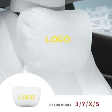 Powlamks Seat Headrest Pillow TES la Neck Pillow Designed for TES la Model Y/3 Neck Support Cushion Genuine Nappa Leather Invisible Strap(White Letter)