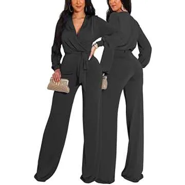 shengfan Black Formal Dressy Jumpsuits for Women Evening Sexy Deep V Neck Plus Size Long Wide Leg Pants Rompers Clubwear