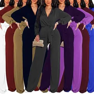 shengfan Black Formal Dressy Jumpsuits for Women Evening Sexy Deep V Neck Plus Size Long Wide Leg Pants Rompers Clubwear