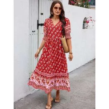PRETTYGARDEN Beach Dresses for Woman Summer Casual 2024 Resort Outfits Elegant Bohemian Maxi Dress Floral Vacation Sundresses (Wine Red Floral,S)