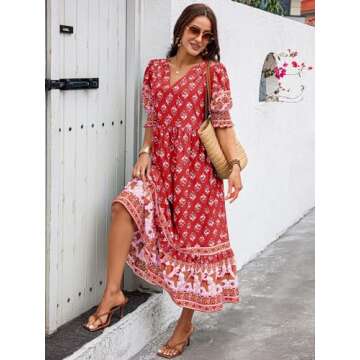 PRETTYGARDEN Beach Dresses for Woman Summer Casual 2024 Resort Outfits Elegant Bohemian Maxi Dress Floral Vacation Sundresses (Wine Red Floral,S)