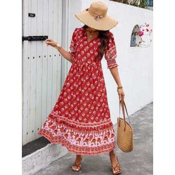 PRETTYGARDEN Beach Dresses for Woman Summer Casual 2024 Resort Outfits Elegant Bohemian Maxi Dress Floral Vacation Sundresses (Wine Red Floral,S)