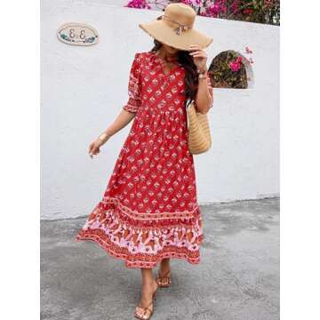 PRETTYGARDEN Beach Dresses for Woman Summer Casual 2024 Resort Outfits Elegant Bohemian Maxi Dress Floral Vacation Sundresses (Wine Red Floral,S)