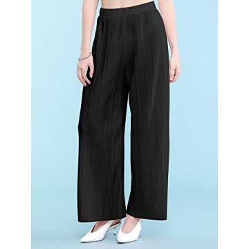 Lock and Love LL WB1795 Womens Casual High Waisted Pleated Wide Leg Palazzo Pants Trousers with Elastic Waist Band S Black