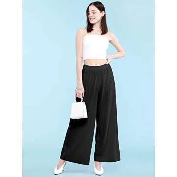 Lock and Love LL WB1795 Womens Casual High Waisted Pleated Wide Leg Palazzo Pants Trousers with Elastic Waist Band S Black