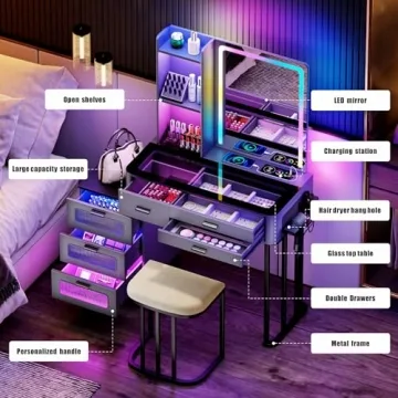 Stylish Makeup Vanity Desk with Lights & Charging