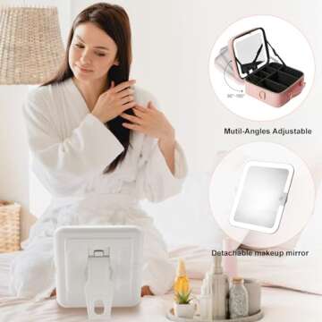 Mocado Travel Makeup Bag with LED Lighted Mirror,Travel Makeup Organizer,Makeup Case with 8 Makeup Brushes and 10x Magnifying Mirror,3 Colors Lighting, Adjustable Dividers Makeup Box(Pink)