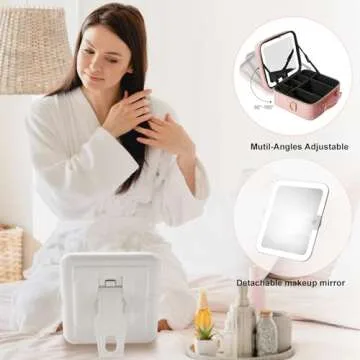 Mocado Travel Makeup Bag with LED Lighted Mirror,Travel Makeup Organizer,Makeup Case with 8 Makeup Brushes and 10x Magnifying Mirror,3 Colors Lighting, Adjustable Dividers Makeup Box(Pink)