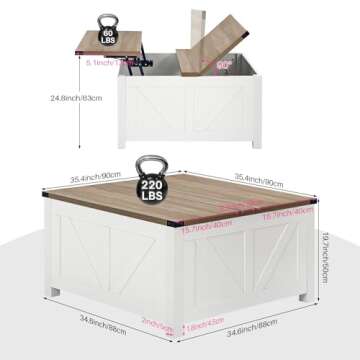 Redlife Farmhouse 35" Lift Top Coffee Table with Storage, Square Coffee Table with Charging Station,...