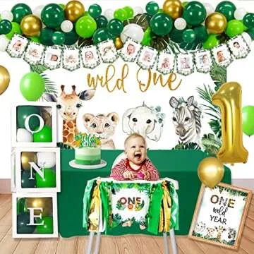 Wild One Birthday Decorations Supplies, Jungle Theme First Birthday Decoration, First Birthday Balloon Box for 1st Birthday Boy Girls Decorations, Jungle Safari 1st Birthday Party Supplies