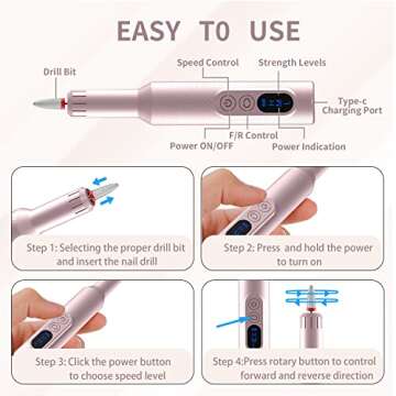 Ftrule Cordless Electric Nail Drill, Portable Professional Rechargeable Efile Nail File Machine with Nail Drill Bits, Sanding Bands for Acrylic Gel Nails, Manicure Pedicure Polishing, Pink