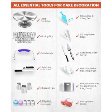 RFAQK 250 PCs Aluminum Cake Decorating Tools Kit with 12" Metal Turntable & Knife set-48 Numbered Icing Tips-3 Russian Piping Nozzles-Straight & Angled Spatula-Cake Leveler& Baking Supplies Tools