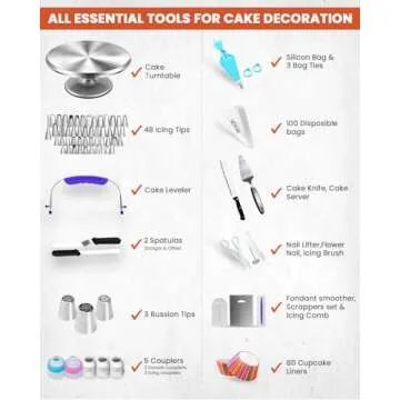 RFAQK 250 PCs Aluminum Cake Decorating Tools Kit with 12" Metal Turntable & Knife set-48 Numbered Icing Tips-3 Russian Piping Nozzles-Straight & Angled Spatula-Cake Leveler& Baking Supplies Tools