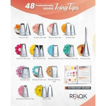 RFAQK 250 PCs Aluminum Cake Decorating Tools Kit with 12" Metal Turntable & Knife set-48 Numbered Icing Tips-3 Russian Piping Nozzles-Straight & Angled Spatula-Cake Leveler& Baking Supplies Tools
