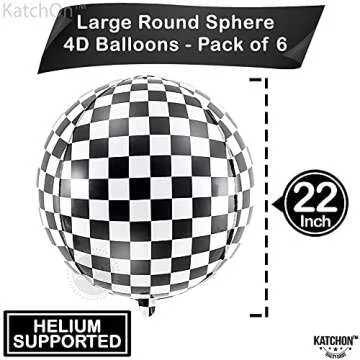 KatchOn, Black and White Checkered Balloons - 22 Inch, Pack of 6 | 4D Checker Balloons, Checkered Flag Balloons, Race Car Balloons | Checkered Flag Party Supplies, Racing Balloons for Emo Party Decor
