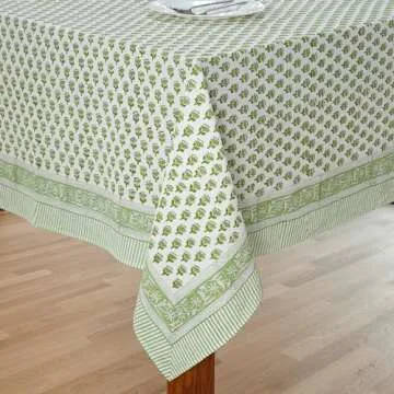 CPC Tablecloth 100% Cotton 60x60 Inch Indian Block Print Square Table Cover, Table Cloth for Weddings, Spring/Summer, Barbeque - Emerald Green