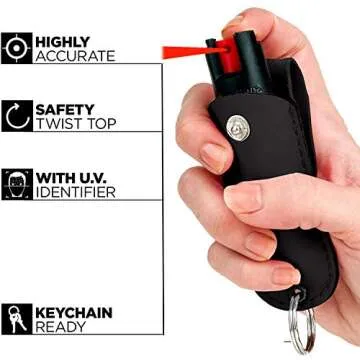 FIGHTSENSE Self Defense Pepper Spray - 1/2 oz Compact Size Maximum Strength Police Grade Formula Best Self Defense Tool for Women W/Leather Pouch Keychain (Black Bling)
