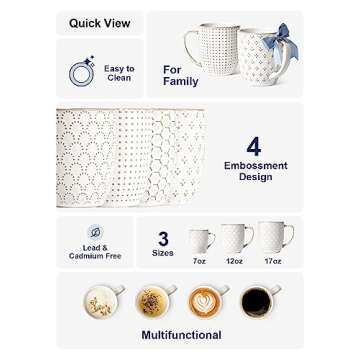 LE TAUCI Coffee Mugs 12 oz, Ceramic Mug Set, Embossment Cups for Latte, Hot Tea, Cappuccino, Mocha, Cocoa，Suit For Housewarming Wedding - 3.4 inch, Set of 4, Arctic White