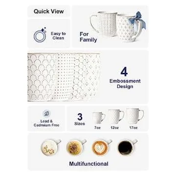 LE TAUCI Coffee Mugs 12 oz, Ceramic Mug Set, Embossment Cups for Latte, Hot Tea, Cappuccino, Mocha, Cocoa，Suit For Housewarming Wedding - 3.4 inch, Set of 4, Arctic White