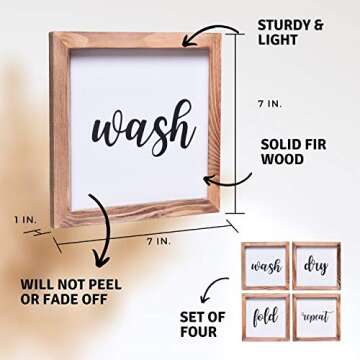 Farmhouse Laundry Room Decor - Modern Rustic Wall Art Home Decoration - Wash, Dry, Fold, Repeat - Cute and Funny Solid Wood Framed Printed Sign - Clear and Easy to Read - Size 7x7 Inches(Set of 4)