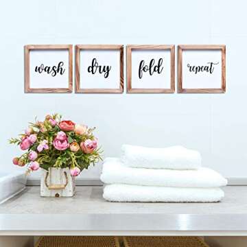 Farmhouse Laundry Room Decor - Modern Rustic Wall Art Home Decoration - Wash, Dry, Fold, Repeat - Cute and Funny Solid Wood Framed Printed Sign - Clear and Easy to Read - Size 7x7 Inches(Set of 4)