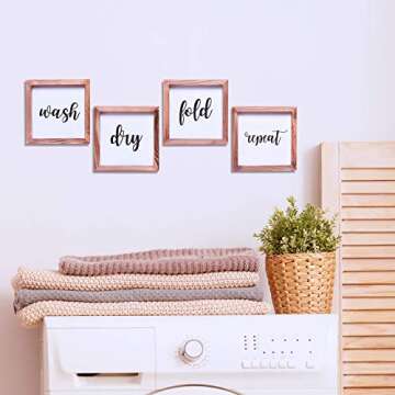 Farmhouse Laundry Room Decor - Modern Rustic Wall Art Home Decoration - Wash, Dry, Fold, Repeat - Cute and Funny Solid Wood Framed Printed Sign - Clear and Easy to Read - Size 7x7 Inches(Set of 4)