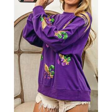 Joiemont Womens Mardi Gras Sweatshirt Fleur De Lis Sequin Patches Pullover Crewneck Long Sleeve Tops(0541-Purple-M)