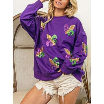 Joiemont Womens Mardi Gras Sweatshirt Fleur De Lis Sequin Patches Pullover Crewneck Long Sleeve Tops(0541-Purple-M)