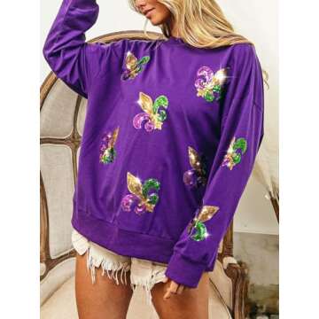Joiemont Womens Mardi Gras Sweatshirt Fleur De Lis Sequin Patches Pullover Crewneck Long Sleeve Tops(0541-Purple-M)