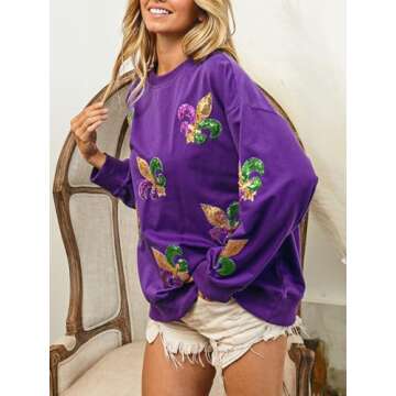 Joiemont Womens Mardi Gras Sweatshirt Fleur De Lis Sequin Patches Pullover Crewneck Long Sleeve Tops(0541-Purple-M)
