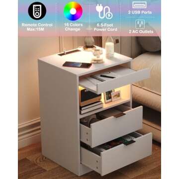 Yusong Night Stand, Bedside Table, LED Nightstand with Charging Station, Modern Night Stand, Wood Sofa Couch End Side Table with 2 Pull-Out Shelf, White