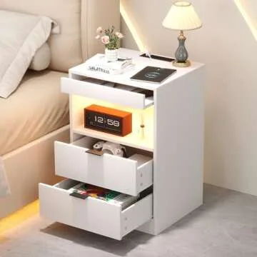 Yusong Night Stand, Bedside Table, LED Nightstand with Charging Station, Modern Night Stand, Wood Sofa Couch End Side Table with 2 Pull-Out Shelf, White