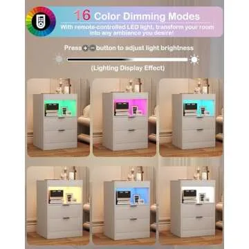 Yusong Night Stand, Bedside Table, LED Nightstand with Charging Station, Modern Night Stand, Wood Sofa Couch End Side Table with 2 Pull-Out Shelf, White