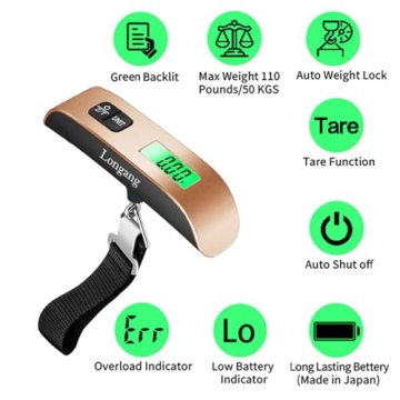 Longang Digital Hanging Luggage Scale with Backlit for Travel, Portable Handheld Suitcase Weight Scale with Hook, 110 Pounds, Battery Included