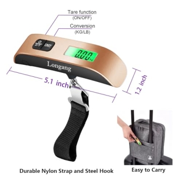 Longang Digital Hanging Luggage Scale with Backlit for Travel, Portable Handheld Suitcase Weight Scale with Hook, 110 Pounds, Battery Included