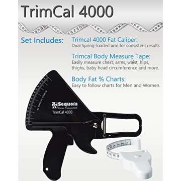 Sequoia Fitness Trimcal 4000 Body Fat Caliper with Body Measure Tape & Fat% Chart (Black & White)