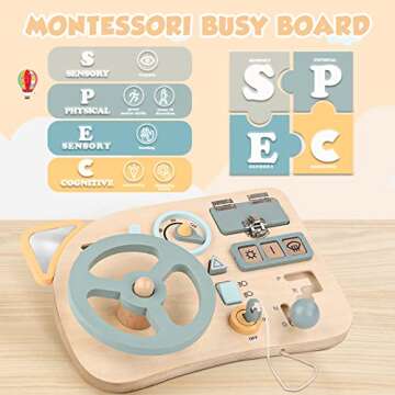 Vanplay Montessori Toy Steering Wheel Wooden Busy Board Wooden Sensory Toys for Toddlers 3 Preschool Learning Activities for Fine Motor Skills Travel (Busy Board)