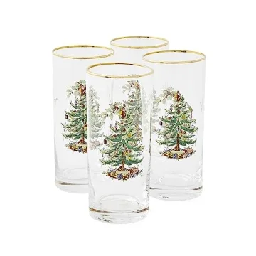 Spode Christmas Tree 15oz Highball Glasses, Set of 4 - Gold-Rimmed Elegant Holiday-Themed Glassware,...