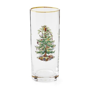 Spode Christmas Tree 15oz Highball Glasses, Set of 4 - Gold-Rimmed Elegant Holiday-Themed Glassware, Festive Holiday Drinkware for Christmas Parties, New Year’s Toasts, and Festive Occasions