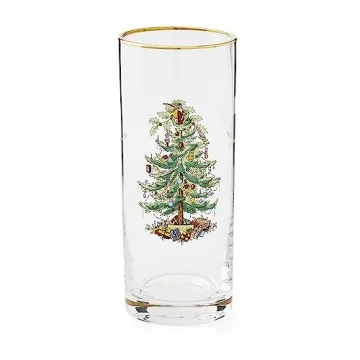 Spode Christmas Tree 15oz Highball Glasses, Set of 4 - Gold-Rimmed Elegant Holiday-Themed Glassware, Festive Holiday Drinkware for Christmas Parties, New Year’s Toasts, and Festive Occasions