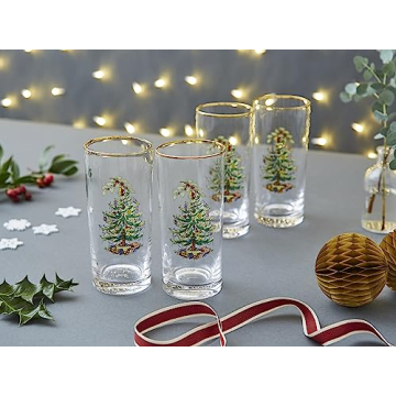 Spode Christmas Tree 15oz Highball Glasses, Set of 4 - Gold-Rimmed Elegant Holiday-Themed Glassware, Festive Holiday Drinkware for Christmas Parties, New Year’s Toasts, and Festive Occasions