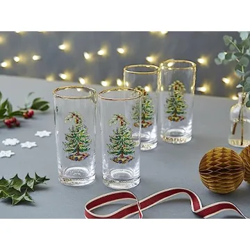 Spode Christmas Tree 15oz Highball Glasses, Set of 4 - Gold-Rimmed Elegant Holiday-Themed Glassware, Festive Holiday Drinkware for Christmas Parties, New Year’s Toasts, and Festive Occasions