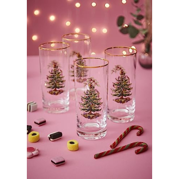 Spode Christmas Tree 15oz Highball Glasses, Set of 4 - Gold-Rimmed Elegant Holiday-Themed Glassware, Festive Holiday Drinkware for Christmas Parties, New Year’s Toasts, and Festive Occasions