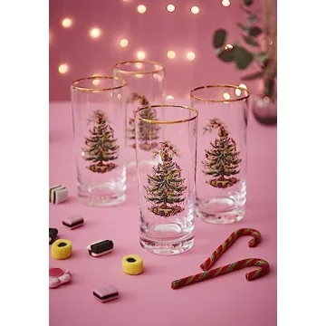 Spode Christmas Tree 15oz Highball Glasses, Set of 4 - Gold-Rimmed Elegant Holiday-Themed Glassware, Festive Holiday Drinkware for Christmas Parties, New Year’s Toasts, and Festive Occasions