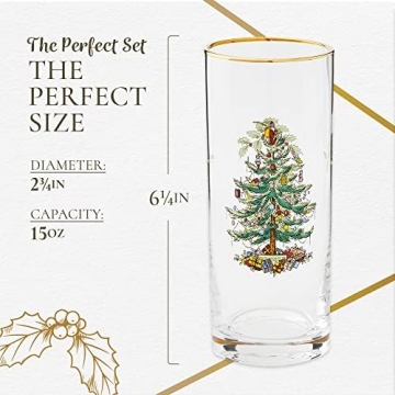 Spode Christmas Tree 15oz Highball Glasses, Set of 4 - Gold-Rimmed Elegant Holiday-Themed Glassware, Festive Holiday Drinkware for Christmas Parties, New Year’s Toasts, and Festive Occasions