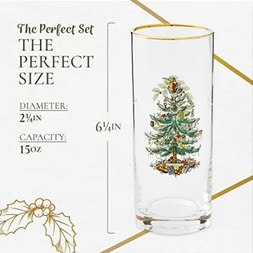 Spode Christmas Tree 15oz Highball Glasses, Set of 4 - Gold-Rimmed Elegant Holiday-Themed Glassware, Festive Holiday Drinkware for Christmas Parties, New Year’s Toasts, and Festive Occasions